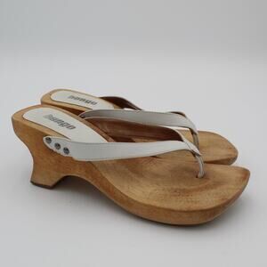 Y2K Wood Clog Sandals Womens 8 Bongo Retro White Platform Wedge Heel Boho